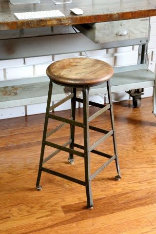 Vintage Industrial Angle Steel Stool Drafting Chair Factory Military Green 1930s
