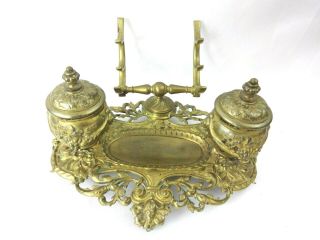 Antique Victorian Brass Dip Pen Tray Ink Stand Inkwell