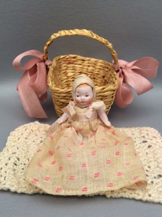 Antique German All Bisque Hertwig Candy Baby Dollhouse Miniature Doll In Basket
