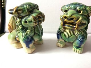 Vintage Detailed Fu Foo Dog Figures Statues Ceramic Glazed Pair Green Brown Blue