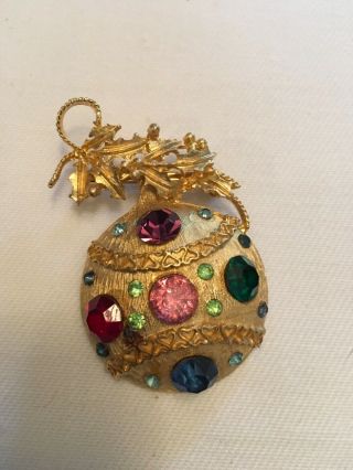 Vintage Brooch Pin Christmas Ornament Goldtone Multi Color Rhinestones
