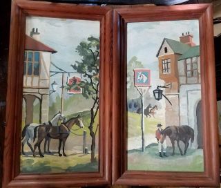 Pair Matched Set Vintage 1950s Paint By Number English Horse & Hound Inn Framed