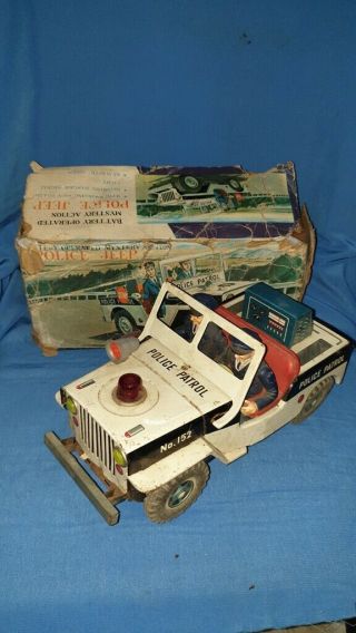 Old Vintage Battery Operated Police Jeep Toy From Japan 1960