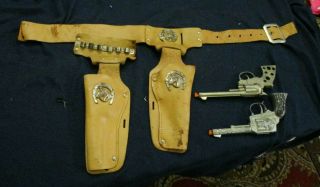 Vintage Double Rig Cap Gun Leather Holster Set With Cow Poke Cap Guns
