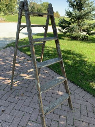 Antique Vintage Wood Folding Step Ladder Decor