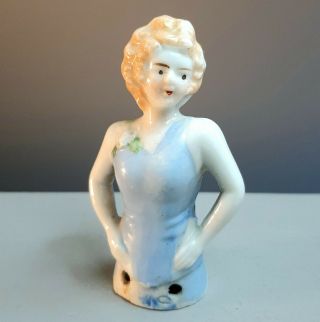 Antique 2.  75 " Porcelain Half Doll Bust Pin Cushion Lady Blonde Hair Vtg Japan