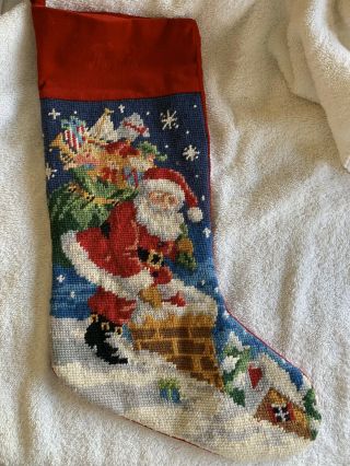 Vintage Needlepoint Christmas Stocking Santa Claus Chimney 18”