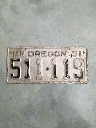 Vintage March 1951 Oregon License Plate Silver And Black 511 - 119