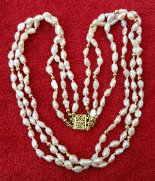 Vintage 14k Yellow Gold Necklace Triple Strand Fresh Water Pearl 18 " Long 25 Gr
