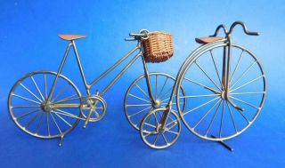 2x Bespoke Vintage Hand Made Brass & Copper Bicycles Penny Farthing Miniatures