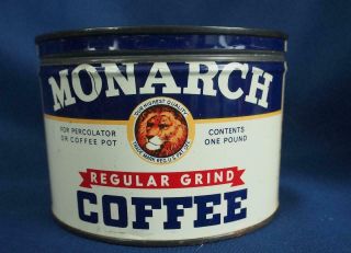 Vintage Monarch Coffee Lion 1 Lb Tin Can Regular Grind 3