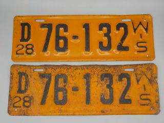 Vintage 1928 Wisconsin License Plate Matched Set Pair Automobile Car Rat Rod