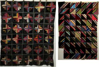 2 Antique Handmade Hand Stitched Silk Velvet Crazy Quilt Tops 72x62 And 63x45