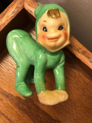 Vintage Japan Ceramic Elf Pixie Cross Eyed Green Suit Christmas Figure Butt Up