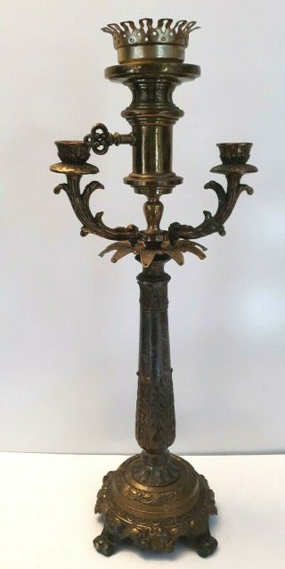 Vtg Old Retro Gothic Candelabra Brass Table Lamp 3 Candlestick Heavy Needs Wired
