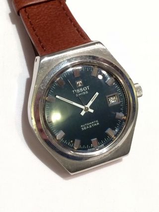 Rare Shape Vintage SS TISSOT Seastar Automatic Mens Watch: Blue Dial White Hands 3