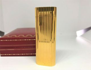 Auth Cartier K18 Gold - Plated Godron Striped Oval Lighter W Case Gold (27624)