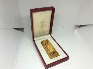 Auth CARTIER K18 Gold - Plated Godron Striped Oval Lighter w Case Gold (27624) 3