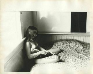 Nude Long Haired Woman With Cat Posing On Bed Vintage Photo