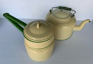 Vintage Cream And Green Enamelware Double Boiler And Teapot