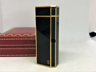 Auth Cartier Lacquer Pentagon 5 - Sided Lighter Black / Gold W Case & Card (8757)