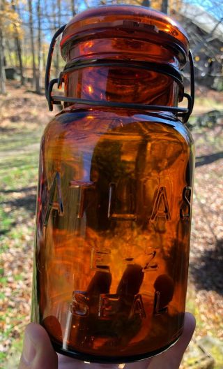 Atlas Ez Seal Quart Amber Colored Fruit Canning Jar Vintage Antique Bottle