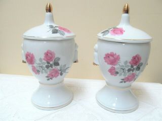(2) Vintage Japan Vanity Dresser Jars With Lids Porcelain Pink Roses