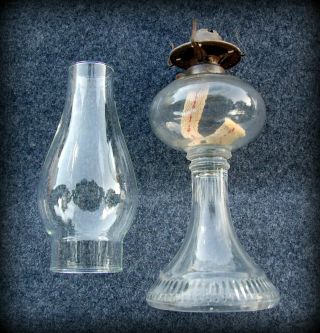 Vintage Hurricane Oil Lamp W Burner,  Clear Glass,  Ball Shape On Pedestal