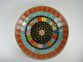 Mid Century Mosaic Tile Bowl Gold Aluminum 10 " Orange Turquoise Black Vtg Mcm