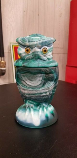 Vintage Imperial Glass Wht.  Milk & Malachite Green Slag Owl Jar Glass Eyes Dish
