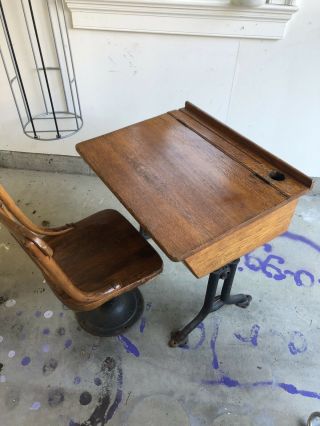 Old Wood And Cast Iron Antique Childs Vintage School Desk