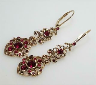 Vintage Carolee Garnet Red Rhinestone Art Deco Style Gold Dangle Drop Earrings