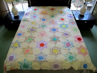 Vintage Hand Sewn 56 Different Feed Sack Hexie Hexagonal Starts Quilt Top 81 " Sq