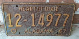 Vintage Heart Of Dixie Alabama 1967 License Plate 12 - 14977 Auto Tag State Al.