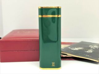 Auth Cartier 2c Logo Enamel Composite Oval Lighter Green/gold W Case & Papers