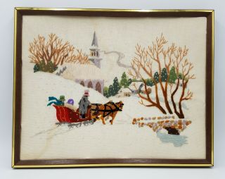 Vintage Crewel Embroidery Finished Framed Mid Century Sleigh Ride In The Snow