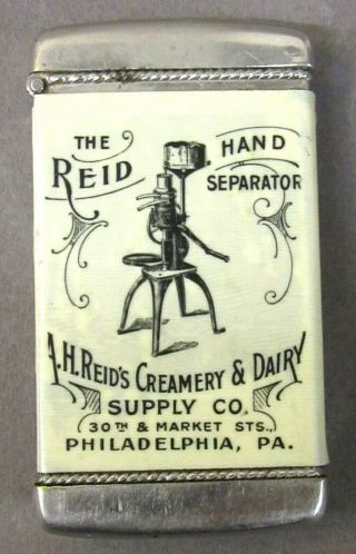 Rare C.  1905 Reid Hand Separator Cream Philadelphia Celluloid Match Safe Vesta