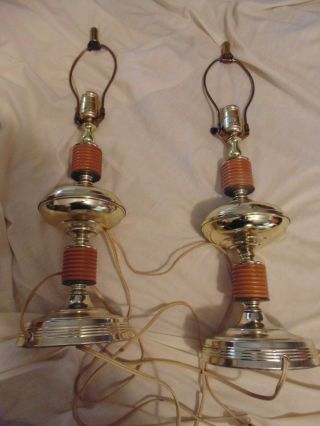 2 Vintage Small Mid Century Modern Mcm Wood And Brass Table Lamps 60 