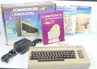 Viintage Commodore 64 Computer W/ Box,  Games And Power Cord