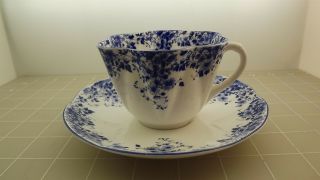 Vintage Shelley England Dainty Blu Floral Design Scalloped Teacup & Saucer