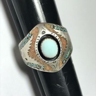 Vtg Signed T.  J.  W Sterling Silver Native Inlaid Stone Band Cocktail Ring Sz 11