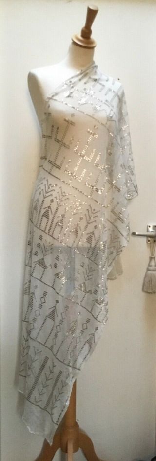 Antique Egyptian Assuit Shawl White And Silver.  1920s.  Art Deco