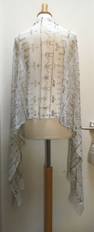 ANTIQUE EGYPTIAN ASSUIT SHAWL WHITE AND SILVER.  1920S.  ART DECO 2