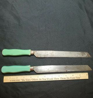 (2) Vintage Kitchen Knives; Green Wooden Handles,  13” Long