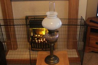 Victorian Brass Column Oil Lamp Clear Cut Glass Font Art Nouveau
