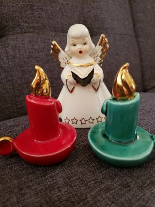 Vintage Ceramic Christmas Angel & Candlestick Salt & Pepper Shakers Japan