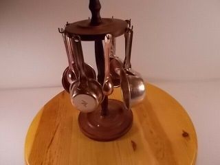 Vintage Copper Measure Cups & Spoons With Wood Storage Stand 11 " Tall 7 Sizes