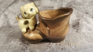 Vintage Ceramic Porcelain Enesco Japan Puppy & Old Shoe Figurine