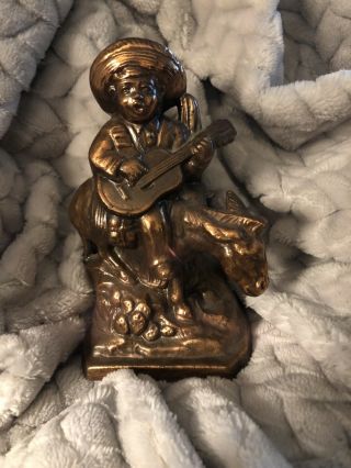 Vintage Metal Copper Colored Mexican Man On Donkey Playing Guitar Bank