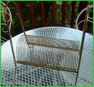 Vintage MCM Brass Gold Color Metal Record Rack/Stand holds 43 LP ' s 3